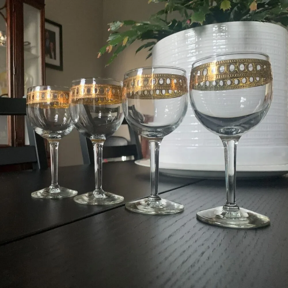 Vintage Culver Gold Wine Glasses Set of 4 MCM Stemmed Cordial Goblets